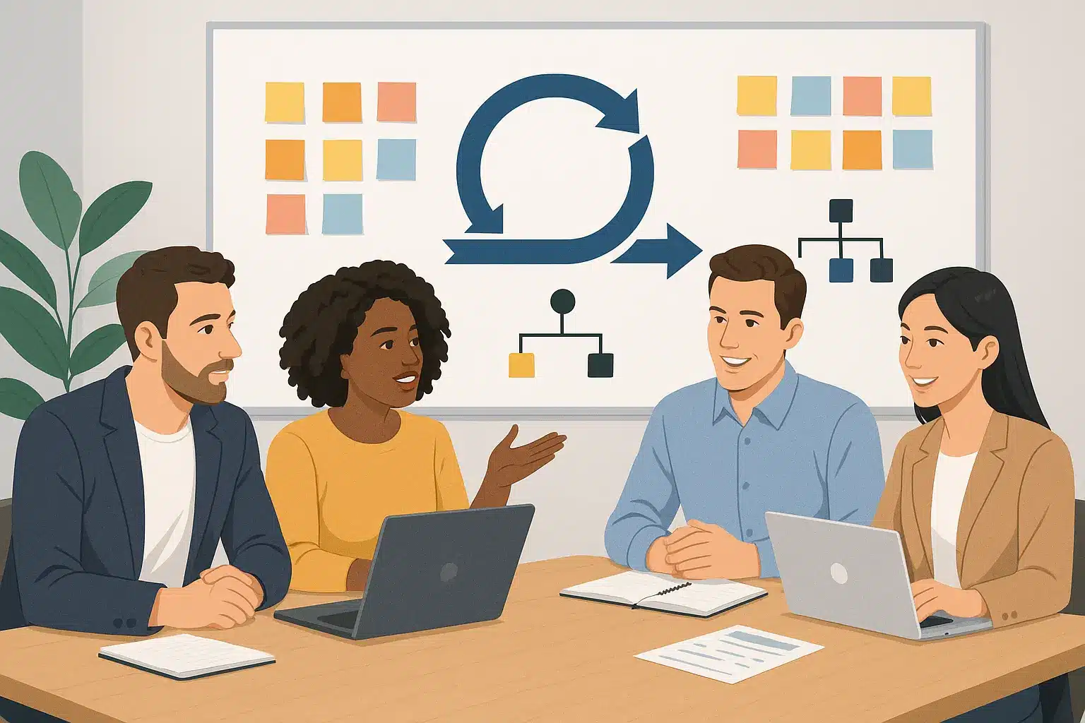 Four colleagues sit around a table with laptops and notebooks, having a discussion. Behind them is a whiteboard with Agile and workflow diagrams, suggesting a collaborative work or project planning meeting.