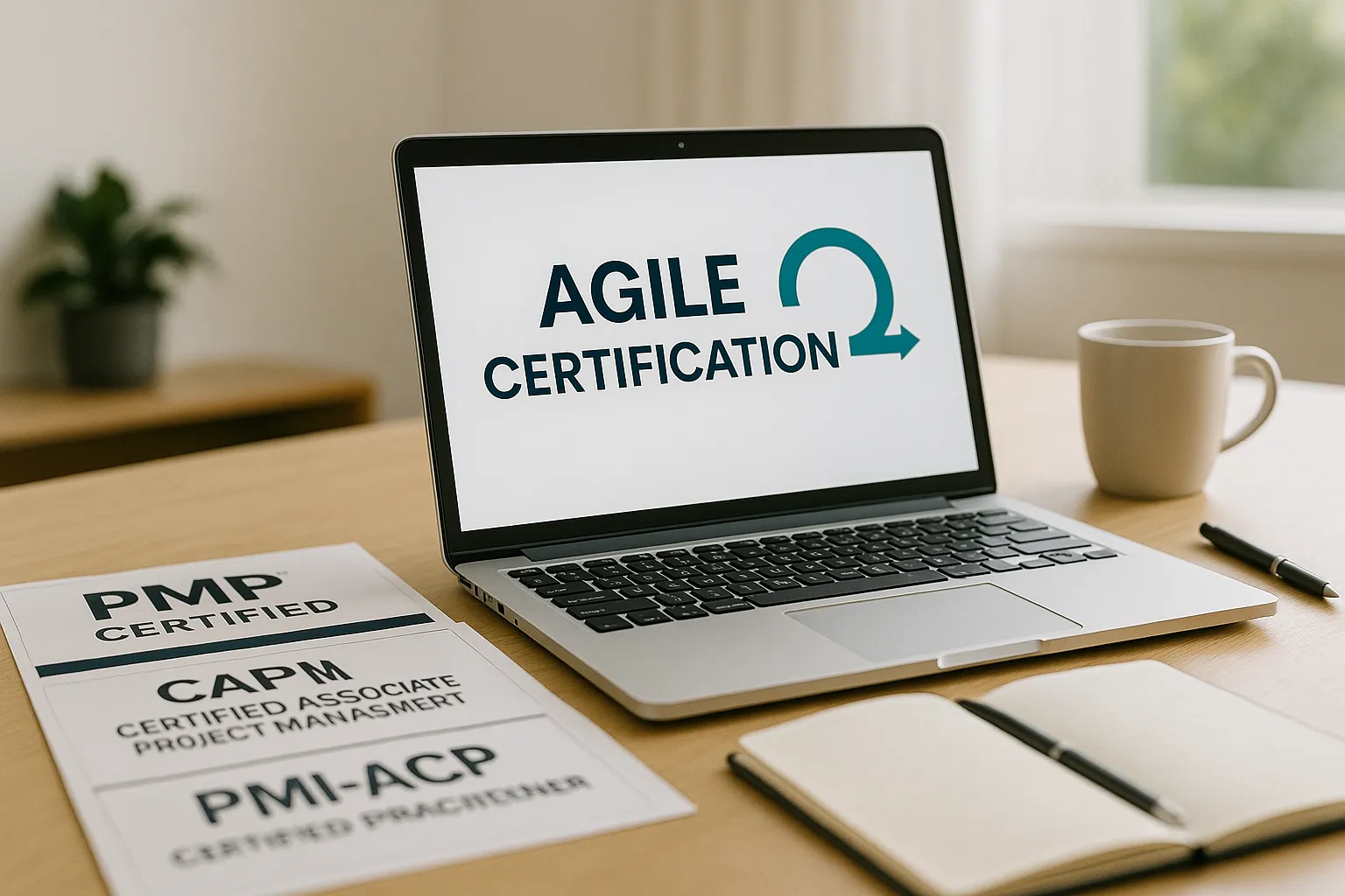 A laptop displaying "Agile Certification" on the screen sits on a desk with a cup, an open notebook, a pen, and papers labeled PMP, CAPM, and PMI-ACP certification.