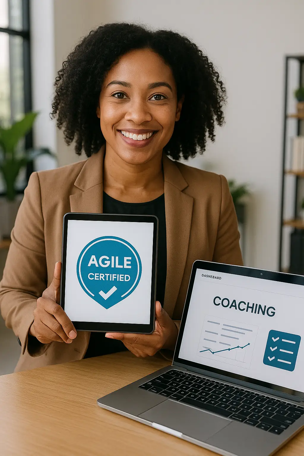 A smiling woman in a brown blazer holds a tablet displaying a blue "Agile Certified" badge. Beside her, a laptop screen shows a dashboard with the word "Coaching" and a checklist graphic.