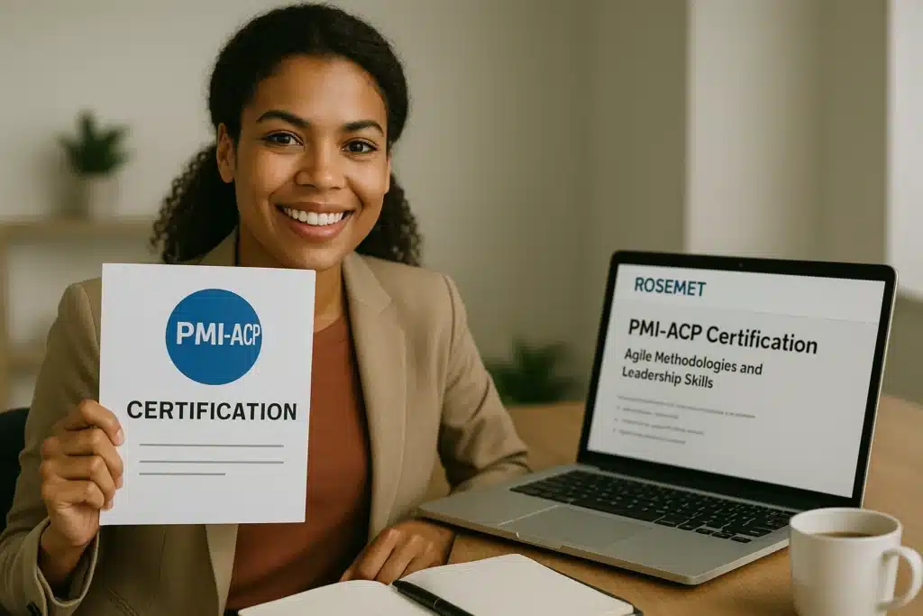 A woman sits at a desk smiling and holding a ROSEMET PMI-ACP Certification document. A laptop beside her displays a webpage about PMI-ACP certification, with a notebook and pen on the desk.