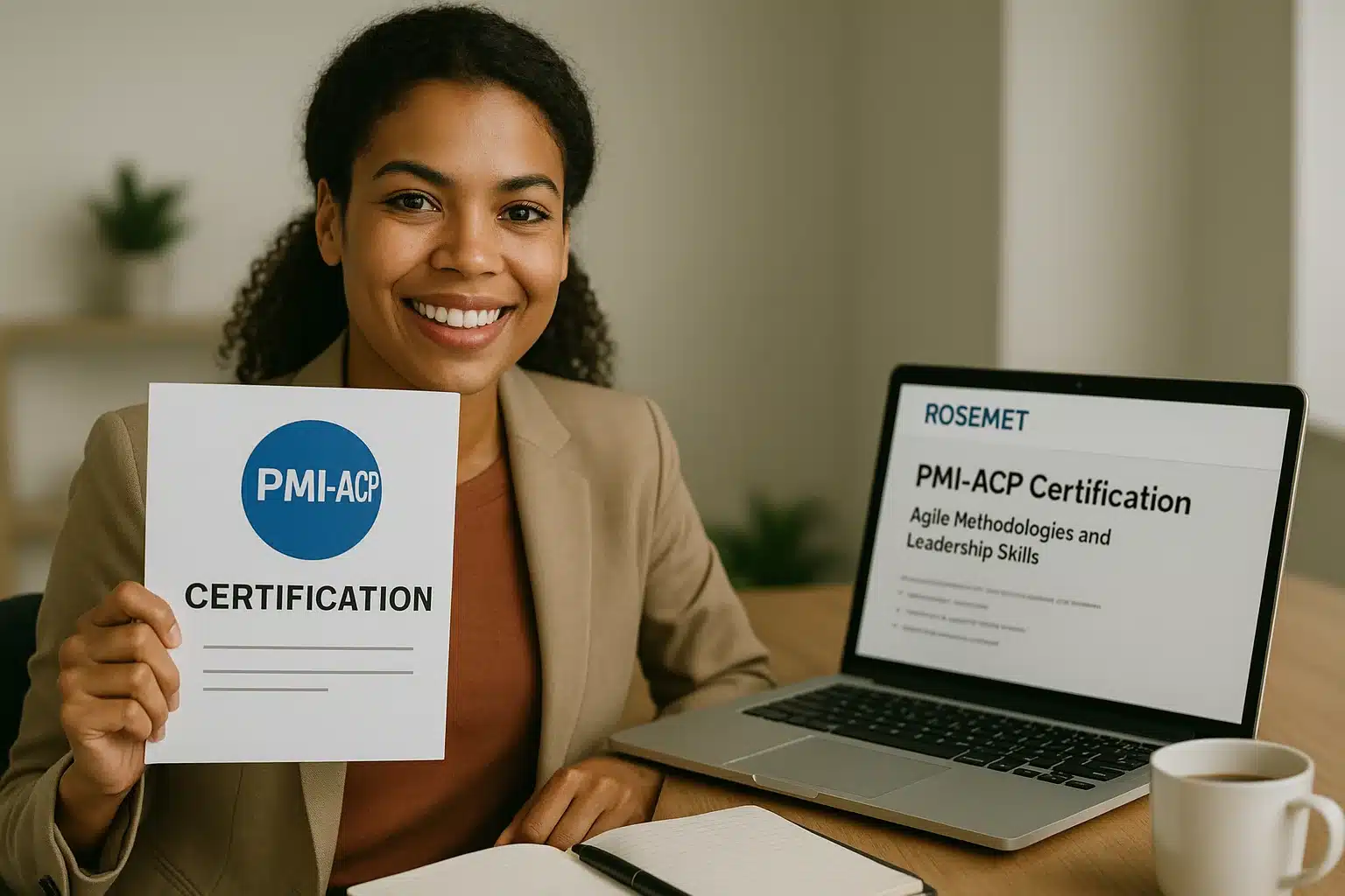 A woman sits at a desk smiling and holding a ROSEMET PMI-ACP Certification document. A laptop beside her displays a webpage about PMI-ACP certification, with a notebook and pen on the desk.