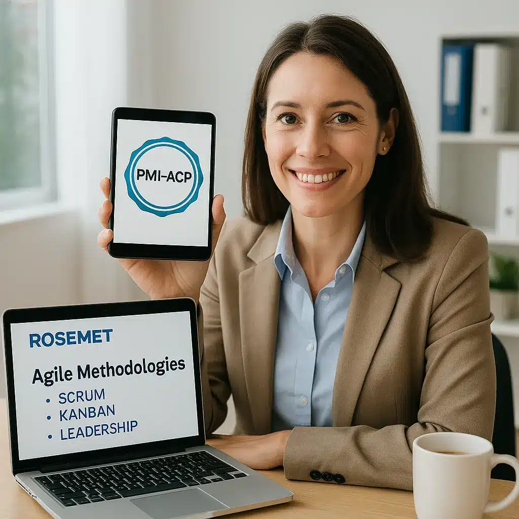A smiling woman in business attire holds a tablet displaying "PMI-ACP." In front of her, a laptop screen shows a slide titled "ROSEMET Agile Methodologies," highlighting the benefits of ROSEMET PMI-ACP Certification: SCRUM, KANBAN, LEADERSHIP.