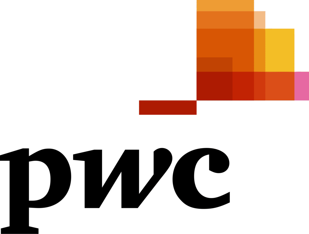 The image shows the PwC logo with the lowercase letters "pwc" in bold black font, next to a design of overlapping colored rectangles in orange, red, yellow, and pink.