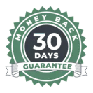 Green and black circular badge with a ribbon that reads "Money Back Guarantee." In the center, it says "30 Days" indicating a 30-day money-back guarantee offer.