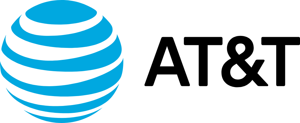 AT&T logo with a blue and white globe icon made of curved lines next to the bold black text "AT&T" on a light background.