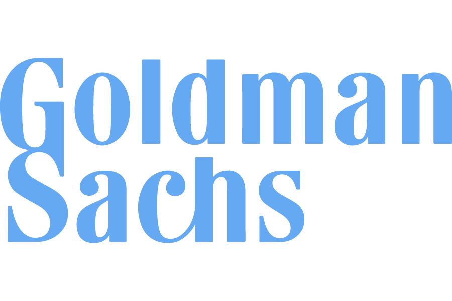 The image shows the text "Goldman Sachs" in large, light blue, bold letters on a light gray background.
