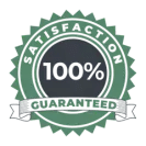 A green and black circular badge with the words "Satisfaction Guaranteed" and "100%" in the center, indicating a full satisfaction guarantee.