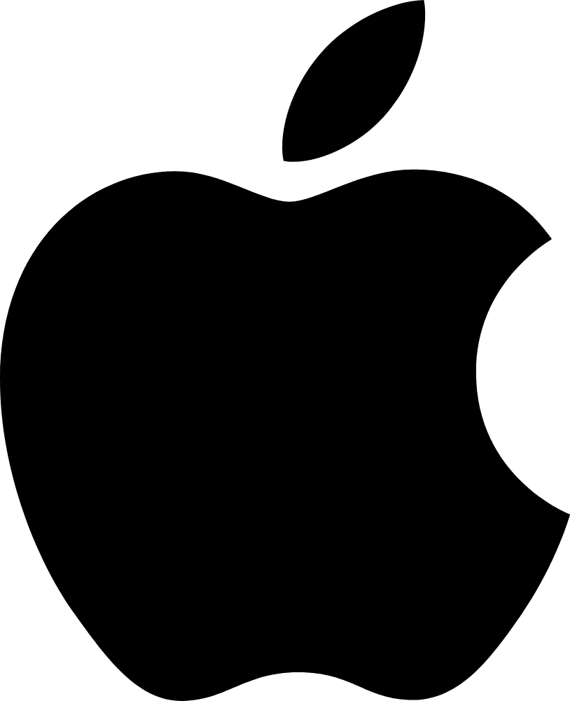 A solid black silhouette of an apple with a bite taken out of the right side and a detached leaf angled to the right on top.