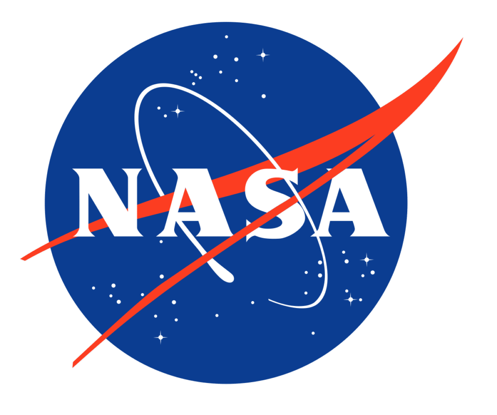 NASA logo featuring a blue circle with white stars, the bold white letters "NASA," a red v-shaped swoosh, and a white orbital path looping around the text.