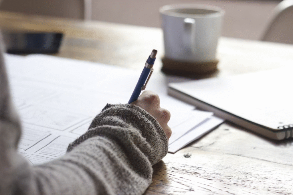 A person wearing a gray sweater writes on white paper at a wooden table, with a notebook, coffee cup, and smartphone nearby.