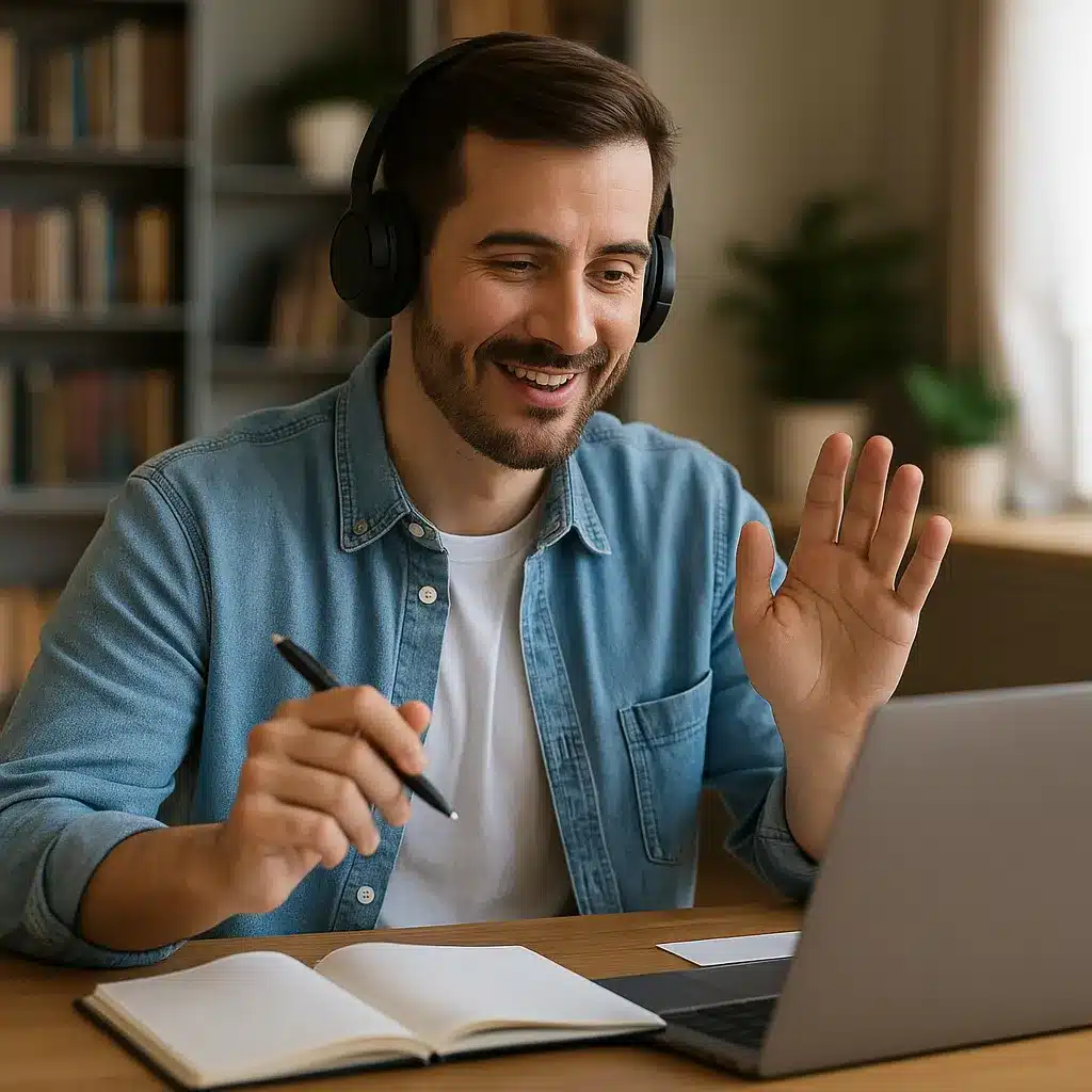 A man wearing headphones smiles and waves at his laptop screen during a video call. He is holding a pen and sitting at a desk with an open notebook in a cozy room with bookshelves in the background.
