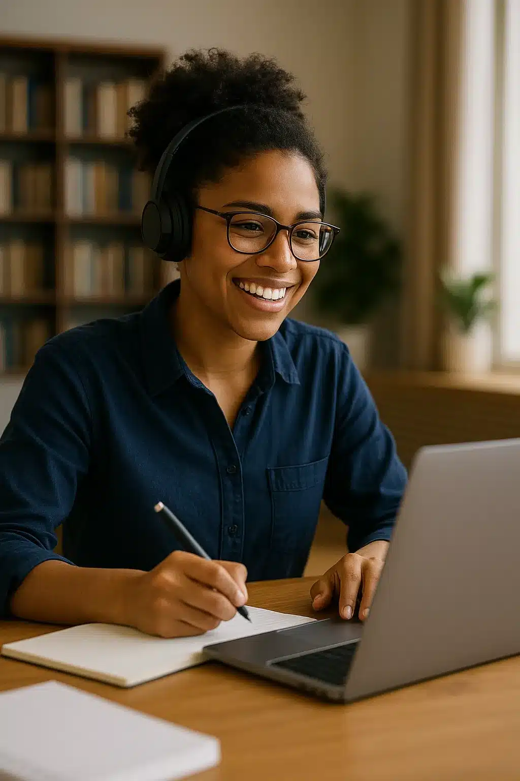 A woman wearing headphones and glasses smiles while taking notes in a notebook and looking at her laptop, seated at a desk in a cozy room with bookshelves—immersed in CAPM Online Training.