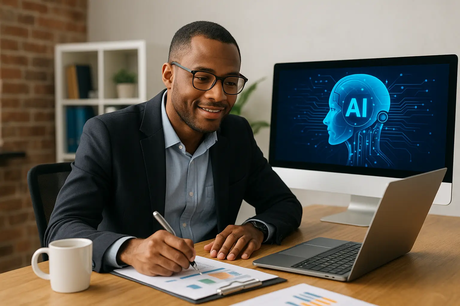 A man in a suit sits at a desk with a laptop, smiling and writing on a chart, while a monitor behind him displays a digital image of an AI brain and human head—highlighting the integration of Project Management and AI.