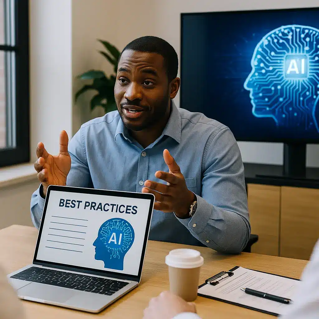 A man in a blue shirt gestures while presenting at a meeting. A laptop in front of him displays "Best Practices" with a brain graphic, highlighting the role of AI in Project Management. Behind him, a screen shows a digital brain with "AI" in the center.