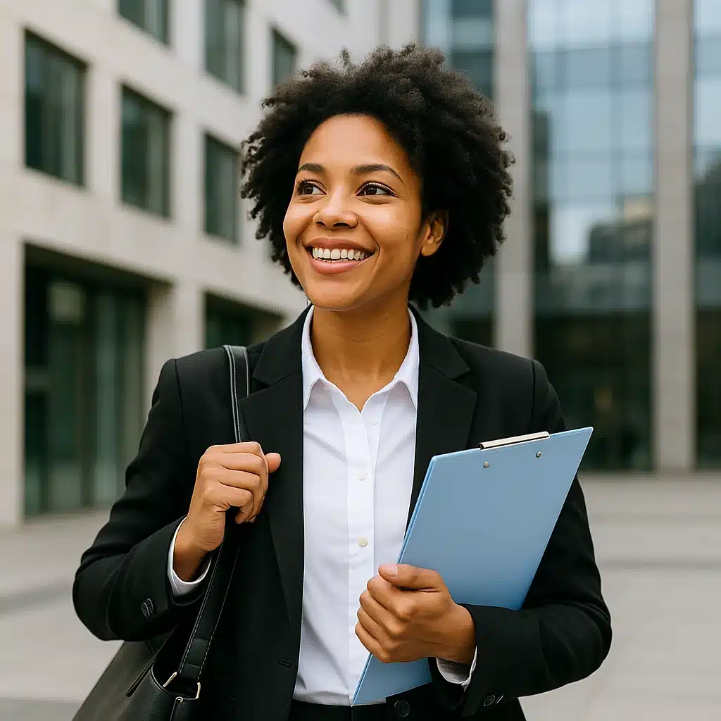 A smiling woman in a business suit holds a blue clipboard and a bag, standing outdoors in front of a modern office building—ready to advance from CAPM to PMP.