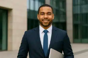 A young man in a navy blue suit and tie smiles while holding a laptop outdoors in front of a modern glass office building, proudly showcasing his CAPM project manager certification.