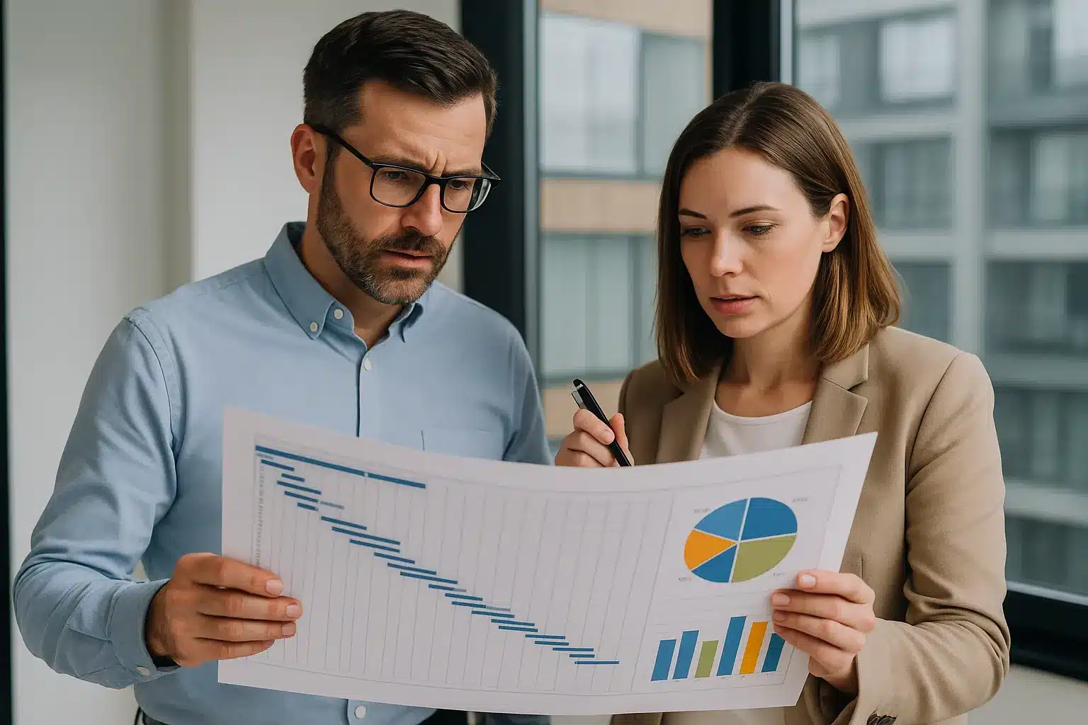 A man and a woman, possibly pursuing CAPM project manager certification, stand indoors closely examining a large chart with graphs and pie charts. They look serious and focused, with large windows revealing buildings in the background.