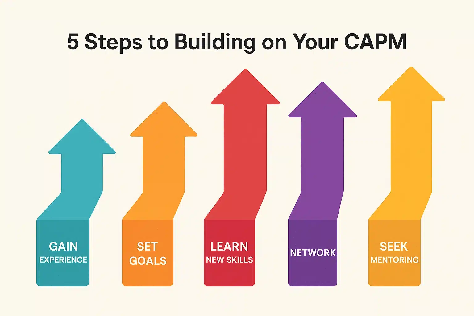 Five colorful arrows labeled: Gain Experience, Set Goals, Learn New Skills, Network, and Seek Mentoring show the 5 steps to building on your CAPM project manager certification. Title above reads "5 Steps to Building on Your CAPM.