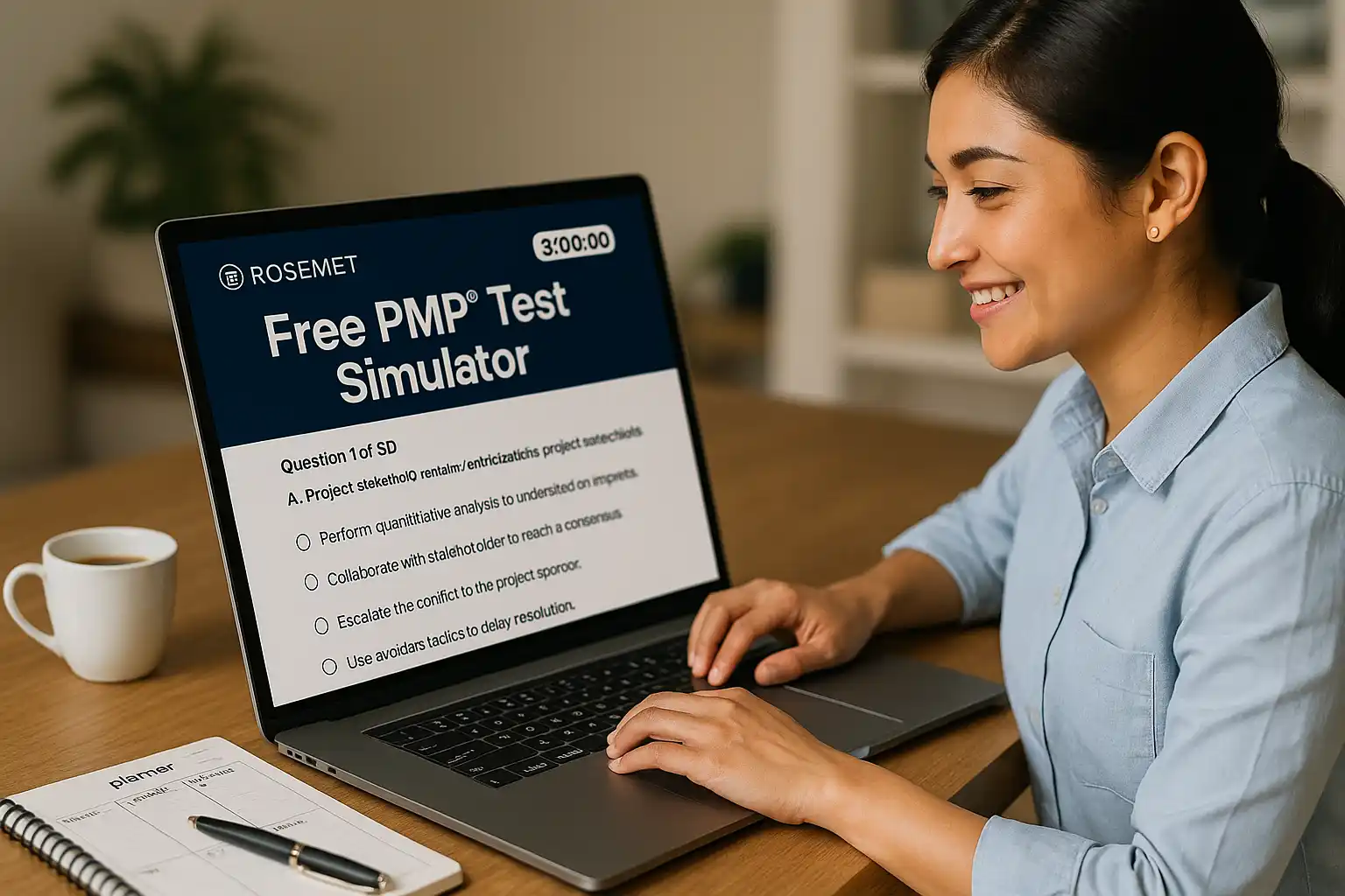 A woman sits at a desk using a laptop displaying a "Free PMP Test Simulator" with a multiple-choice question. A planner, pen, and cup are on the desk. She is smiling and appears focused on the screen.