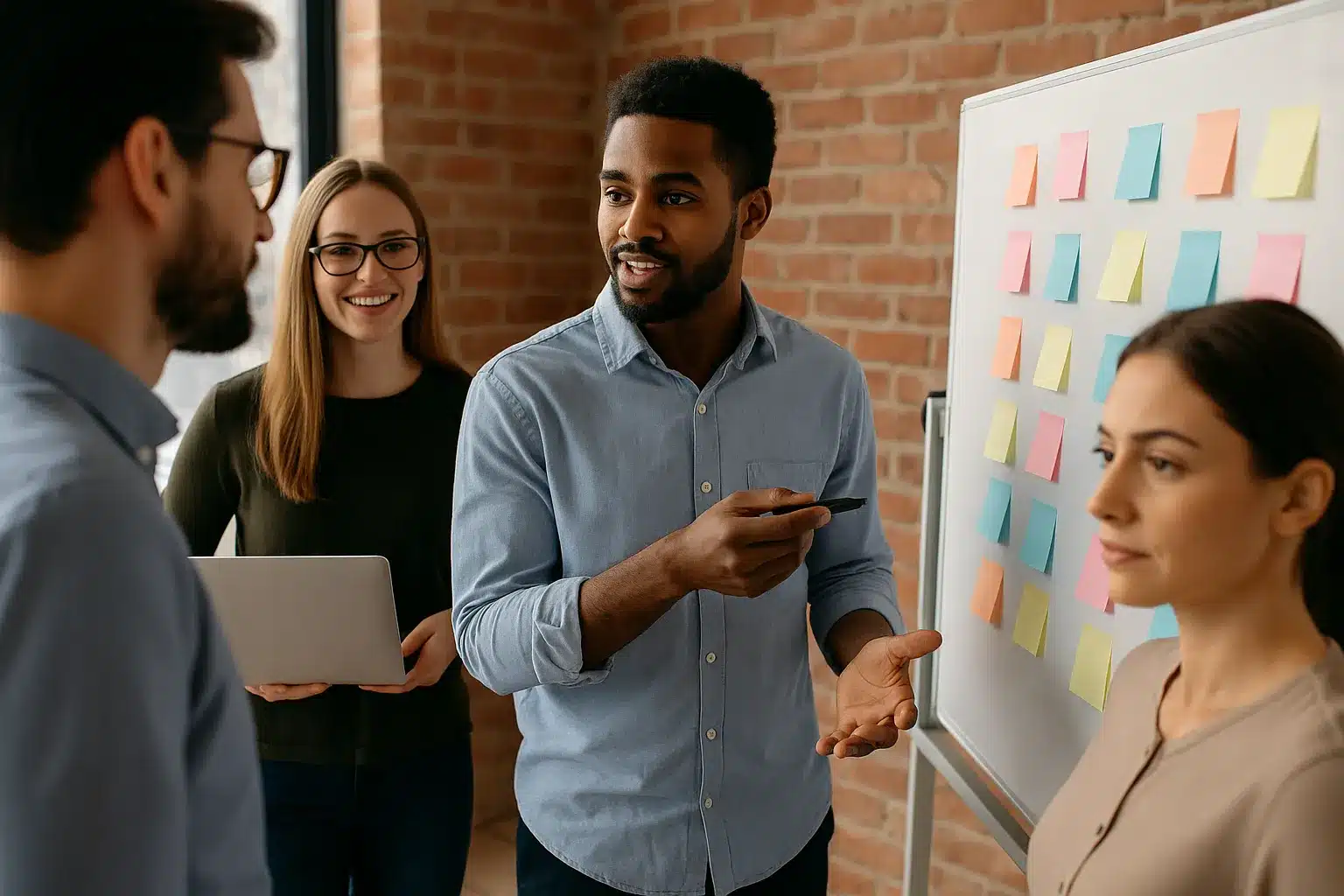 Four people stand by a whiteboard covered with colorful sticky notes. One man gestures while speaking; others listen and smile. A woman holds a laptop. The setting is a bright, modern office with brick walls.