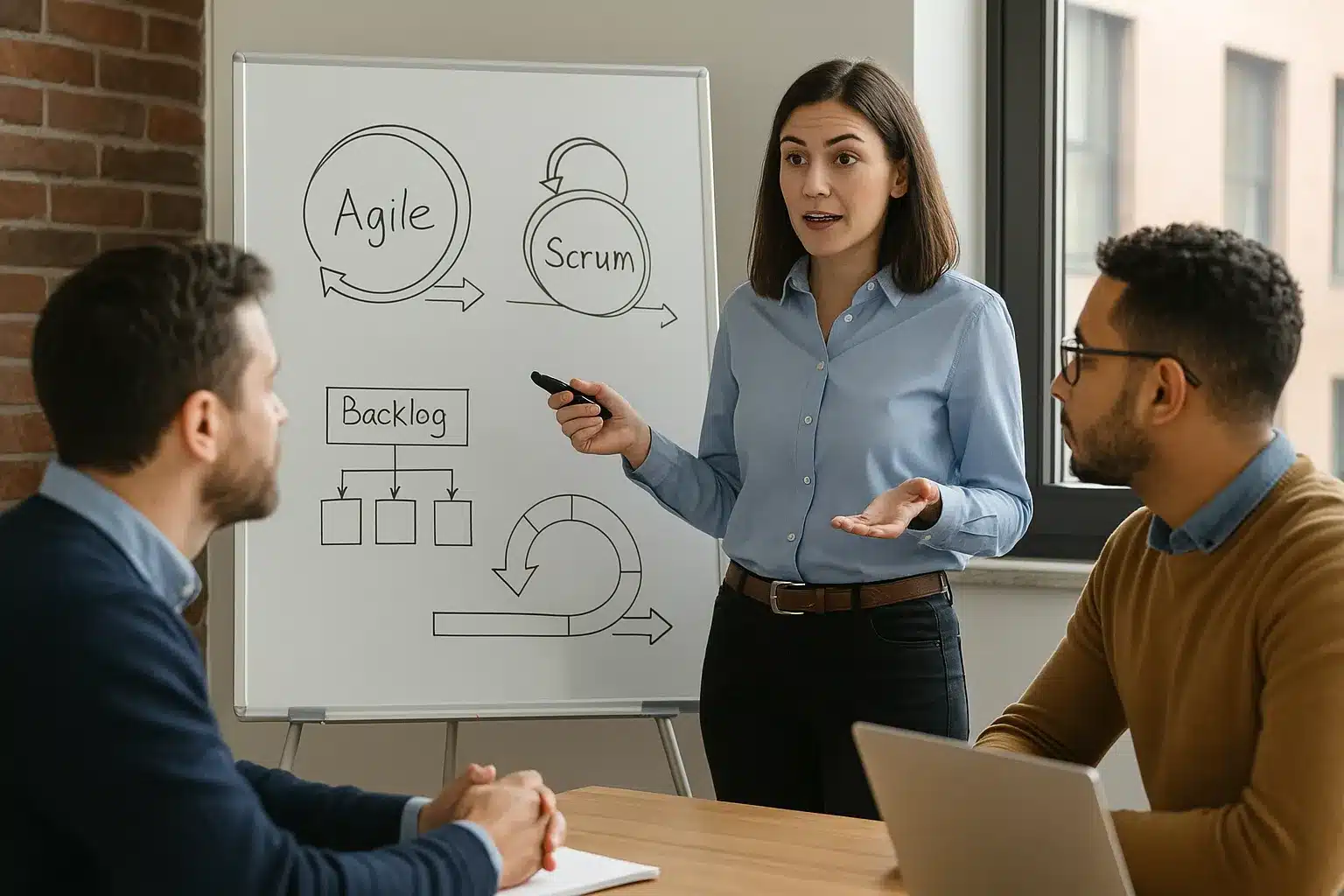 A woman stands by a whiteboard explaining Agile and Scrum concepts to two seated colleagues. The whiteboard has diagrams labeled Agile, Scrum, Backlog, and workflow arrows.