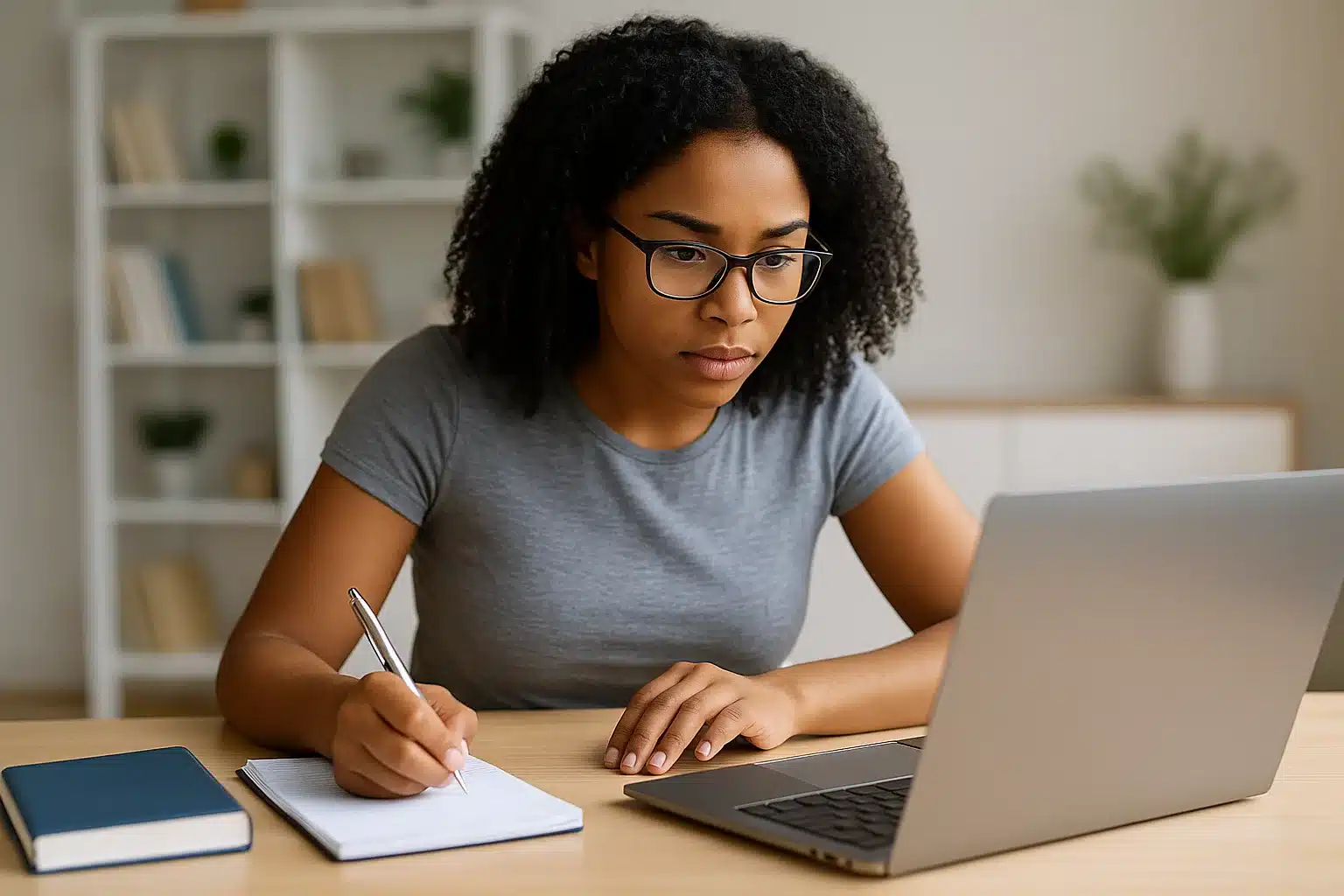 A woman with curly hair and glasses sits at a desk, writing in a notebook with one hand and using her laptop with the other—perhaps searching for Affordable CAPM Prep. Books line the desk, with shelves of plants in the background.