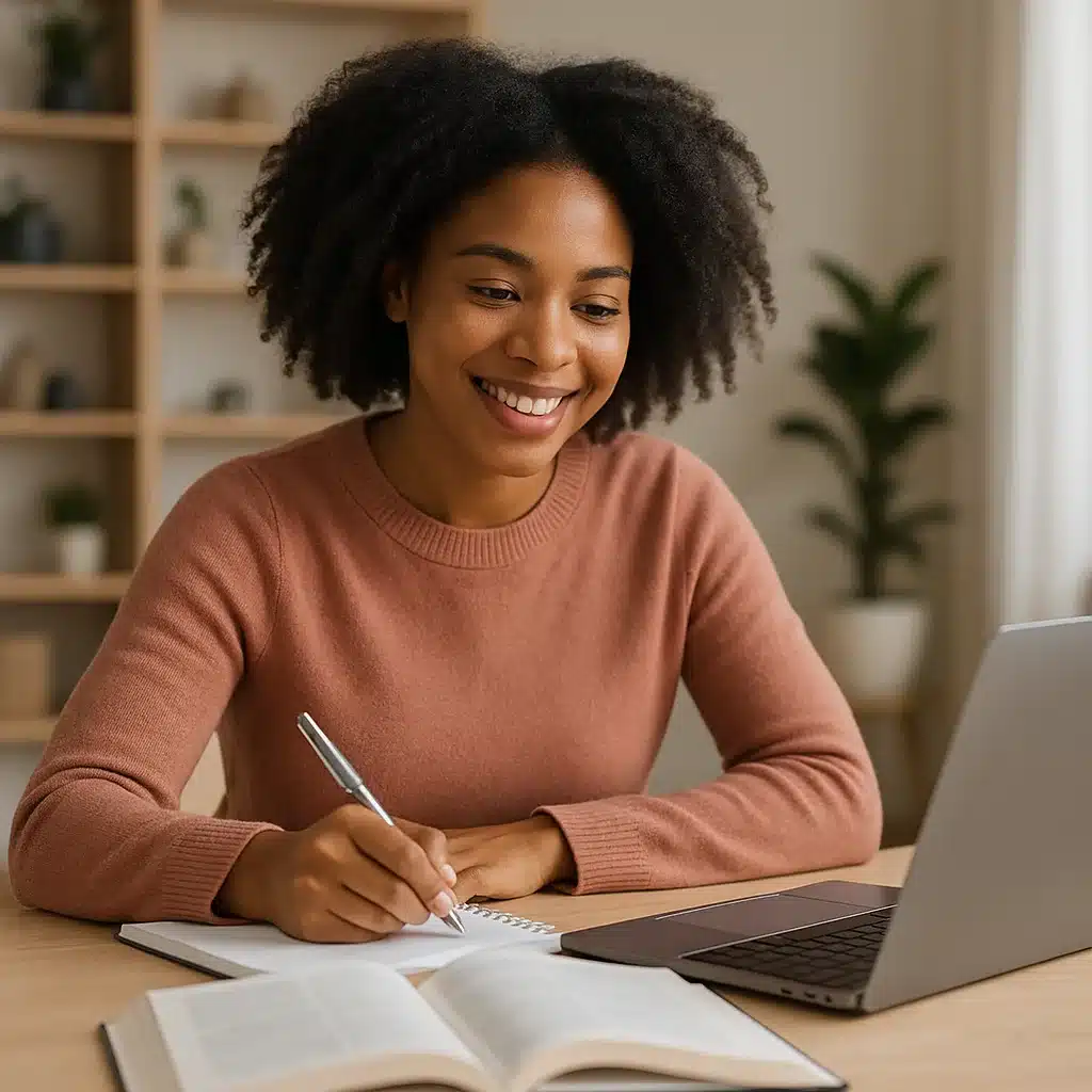 A woman sits at a table, smiling while writing in a notebook. An open book and laptop, perfect for affordable CAPM Prep, are in front of her. Shelves with plants and decor are in the background.