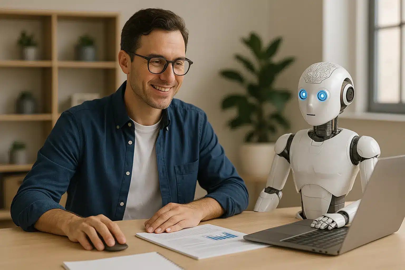 A man wearing glasses smiles while sitting at a desk with a notebook and laptop, next to a small humanoid robot with blue eyes, in a modern office with plants on shelves in the background.