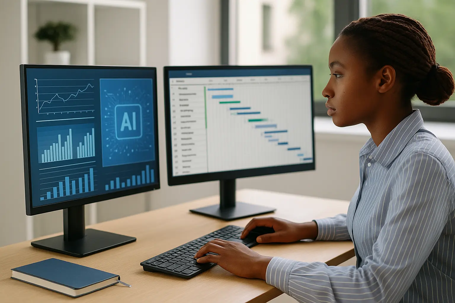 A woman sits at a desk working on a computer with two monitors displaying charts, graphs, and an AI in Project Management interface. She types on a keyboard, focused, with a notebook and pen on the desk.