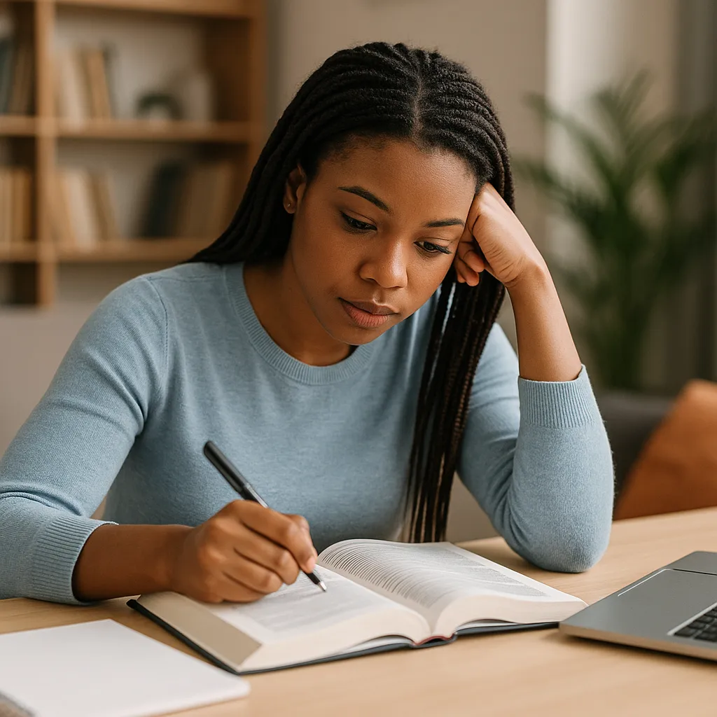 A young woman with braided hair sits at a desk, focused on CAPM exam preparation as she reads a book and takes notes. Her elbow rests on the table beside a laptop and notebook in a cozy, well-lit room.