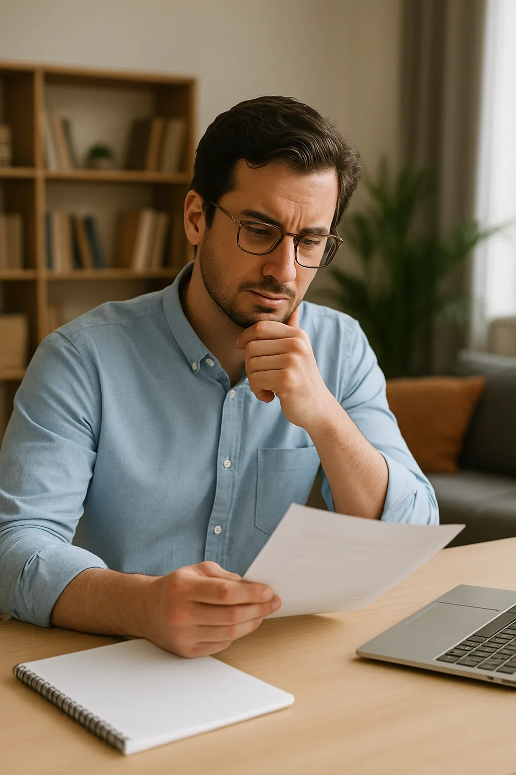 A man with glasses and a blue shirt sits at a desk, looking thoughtfully at a sheet of paper—deep in CAPM exam preparation. A laptop, notebook, and pen are on the desk, with shelves and a plant in the background.