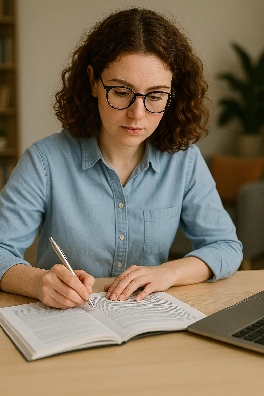 A woman with curly hair and glasses is sitting at a desk, focused on CAPM exam preparation, writing in a book with a pen. A laptop sits open beside her and a plant adds a touch of greenery in the background.