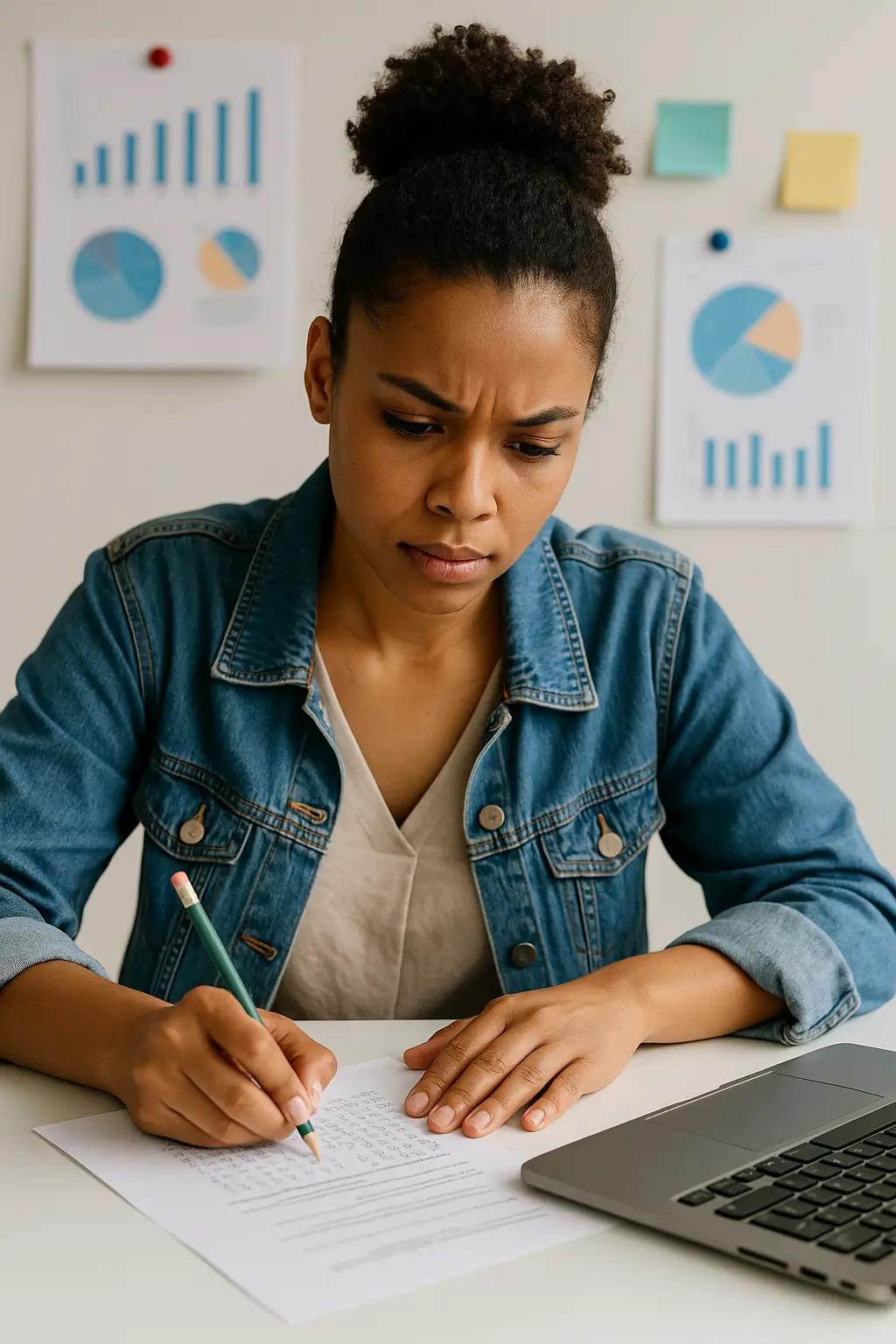 A woman wearing a denim jacket sits at a desk, looking focused while writing on a paper—likely engaged in CAPM exam preparation. A laptop is nearby, and charts with graphs are pinned to the wall behind her.