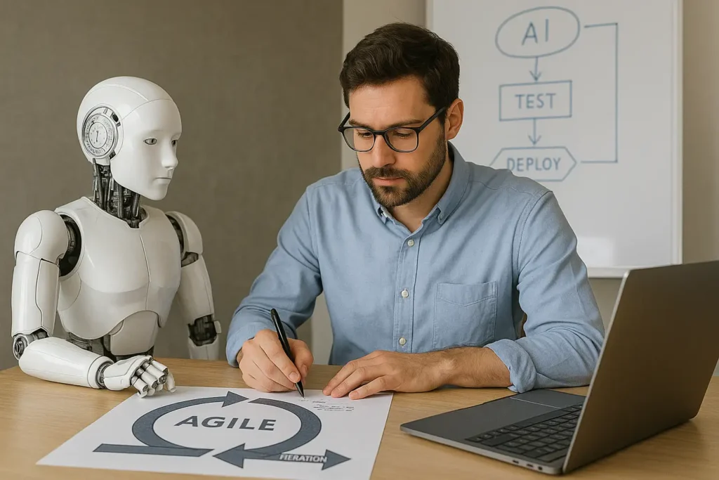 A man writes notes at a desk beside a humanoid robot, exploring AI in Agile. In front of them, a paper marked "AGILE" with arrows sits next to a laptop and whiteboard displaying "AI," "TEST," and "DEPLOY.