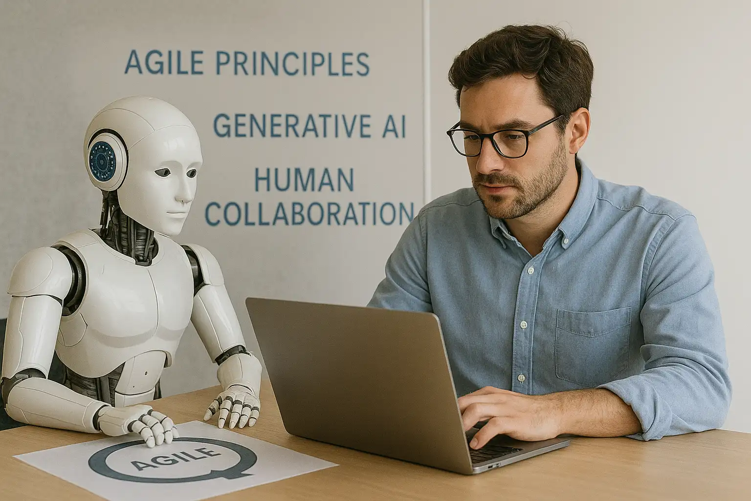 A man works on a laptop beside a humanoid robot. A sheet with "AGILE" lies on the table, and the wall displays "AGILE PRINCIPLES, AI in Agile, GENERATIVE AI, HUMAN COLLABORATION.