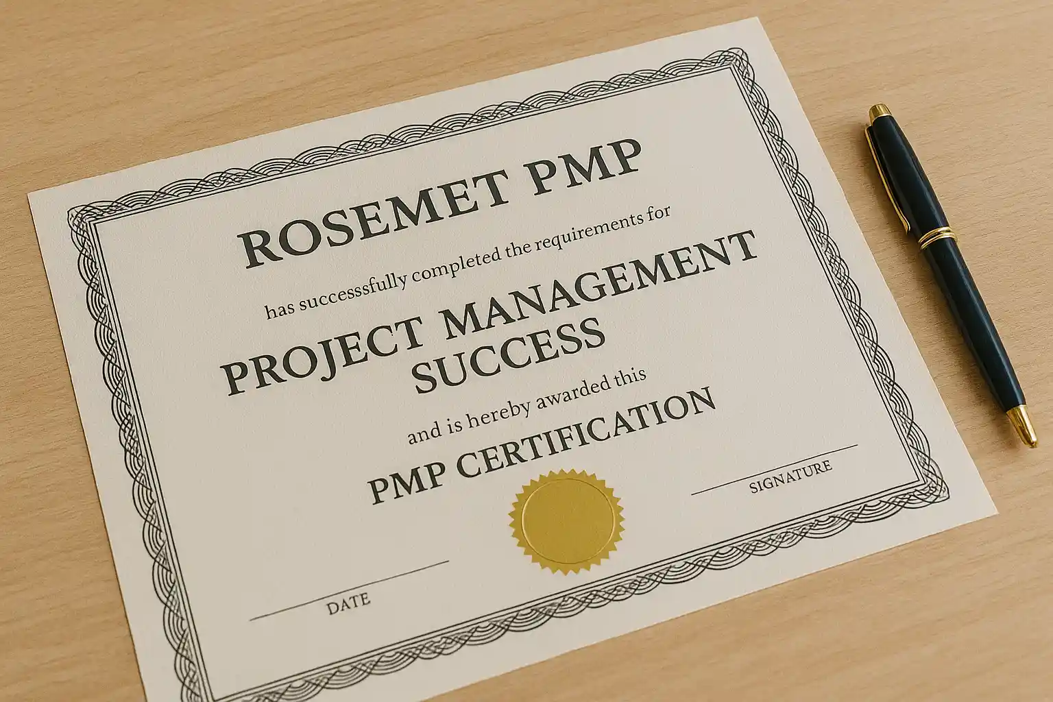 A Project Management Success certificate with the name "ROSEMET PMP" and a gold seal lies on a wooden surface next to a black and gold pen, celebrating the achievement of PMP certification.
