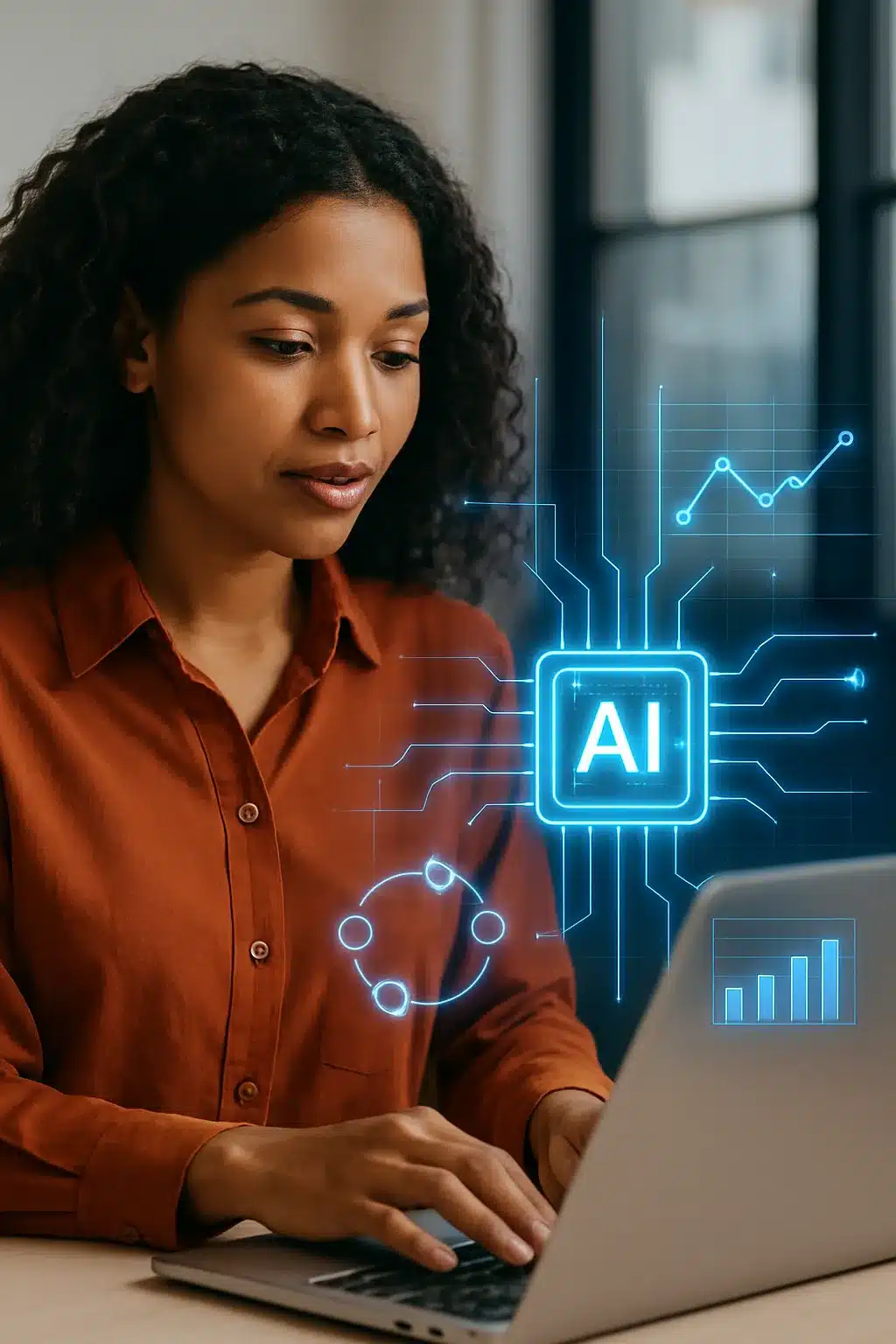 A woman with curly hair, wearing an orange shirt, types on a laptop. Digital graphics representing artificial intelligence and data analytics, such as "AI" and charts, are overlaid beside her.