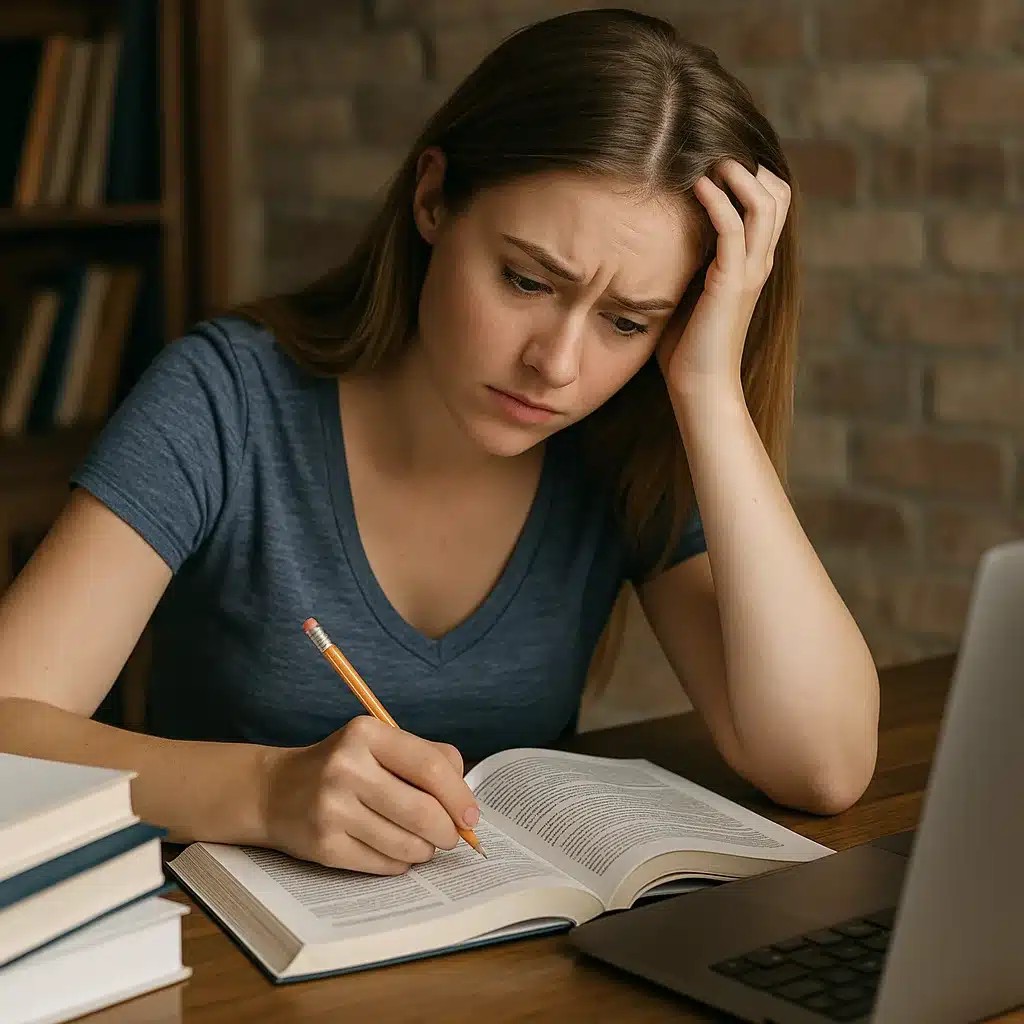 A young woman with long brown hair looks stressed while studying for the CAPM exam, holding her head with one hand and writing in an open book with the other, seated at a desk with a laptop and several books.
