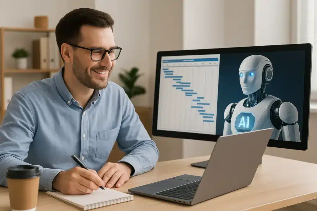 A man in glasses sits at a desk, smiling and taking notes, while having a video call with a humanoid robot displayed on his computer monitor. The background shows a home office setting.