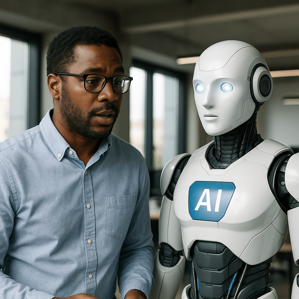 A man wearing glasses and a light blue shirt stands next to a humanoid robot with glowing blue eyes and "AI" on its chest in a modern office setting.