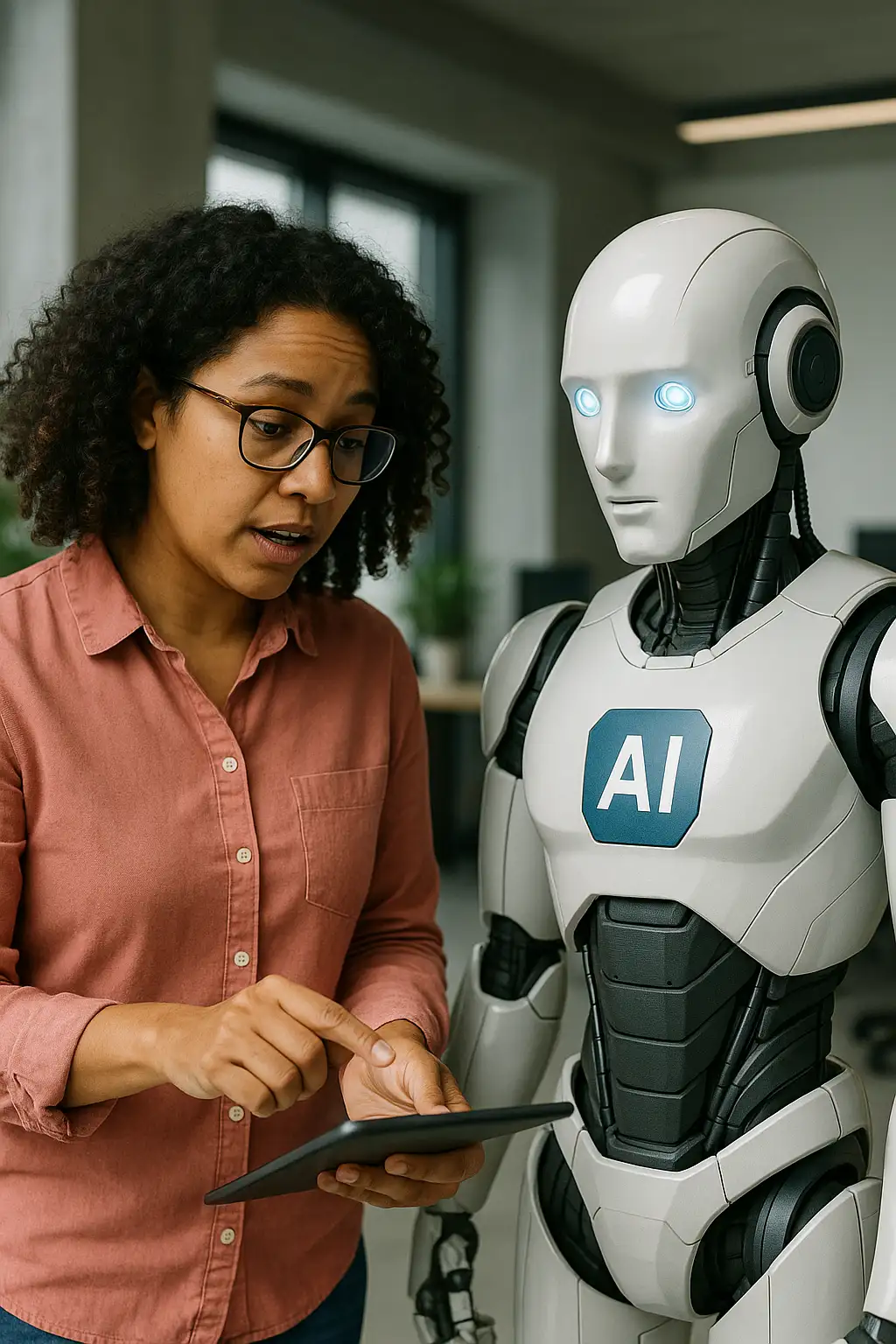 A woman wearing glasses and a pink shirt shows something on a tablet to a humanoid robot with glowing blue eyes and an "AI" label on its chest. They appear to be interacting in an office setting.