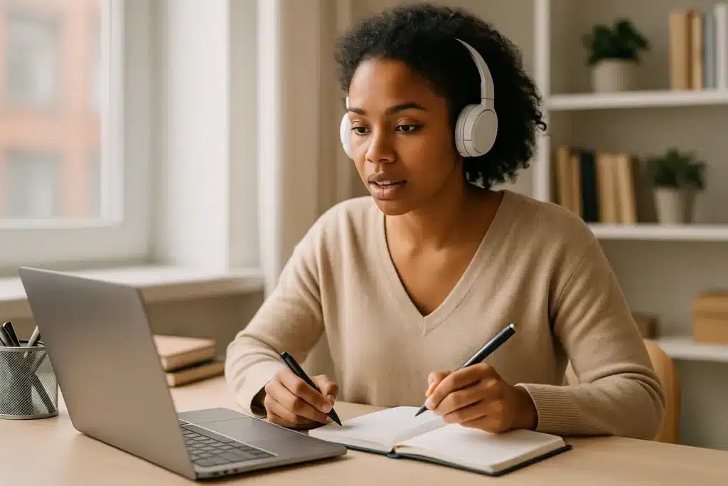 A woman wearing headphones sits at a desk, looking at a laptop while writing in a notebook. Surrounded by books and shelves, she appears focused—possibly studying for her Certified Associate in Project Management Credential.