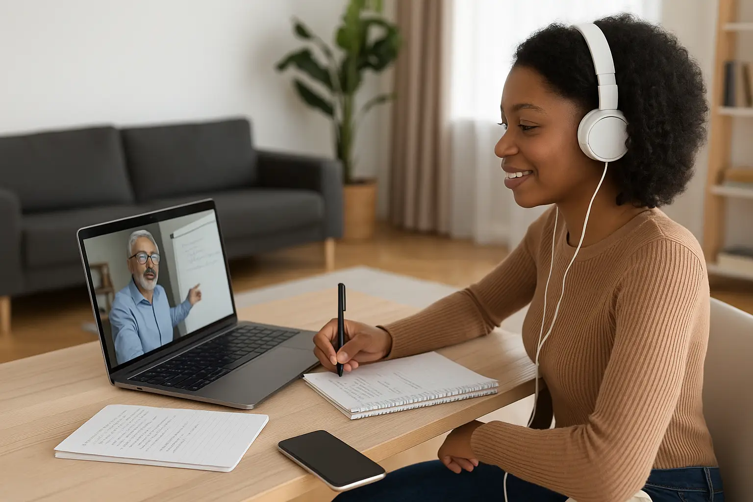 A woman wearing headphones smiles and takes notes while attending an online Certified Associate in Project Management Credential class on her laptop, where a man is speaking and pointing at a whiteboard. A notebook and phone are on the desk.