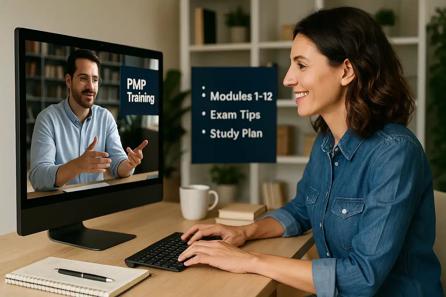 A woman sits at a desk and smiles while attending an online PMP training on her computer. The screen shows a man presenting. A sign behind her lists: Modules 1-12, Exam Tips, and Study Plan.