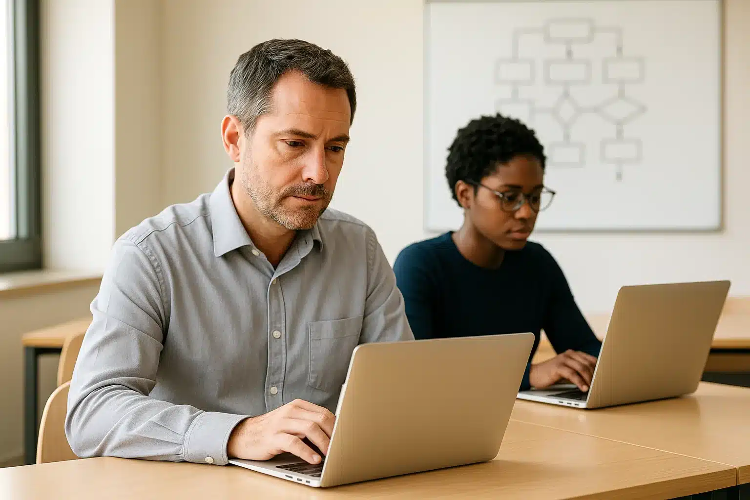 Two people sit at desks in a classroom during ROSEMET PMP Training, each working on a laptop. A man in a light shirt is in the foreground, while a woman in a dark shirt sits behind him. A flowchart is visible on the whiteboard in the background.