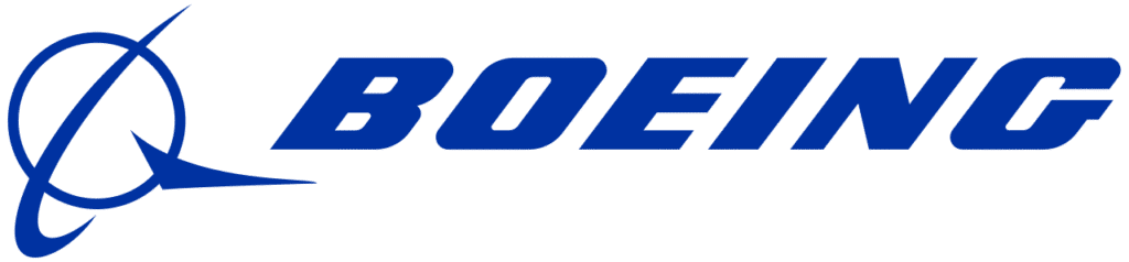 Boeing logo featuring a stylized blue aircraft orbit symbol to the left and bold blue "BOEING" text to the right.
