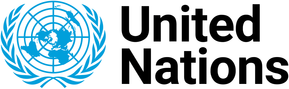 United Nations logo featuring a blue world map surrounded by two olive branches on the left, next to bold black text reading "United Nations" on a white background.