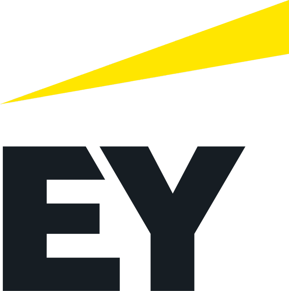 Black letters "EY" with a bold, modern font are shown below a bright yellow diagonal bar, all on a white background.