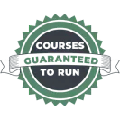 A green and black circular badge with a white ribbon reads "Courses Guaranteed to Run.