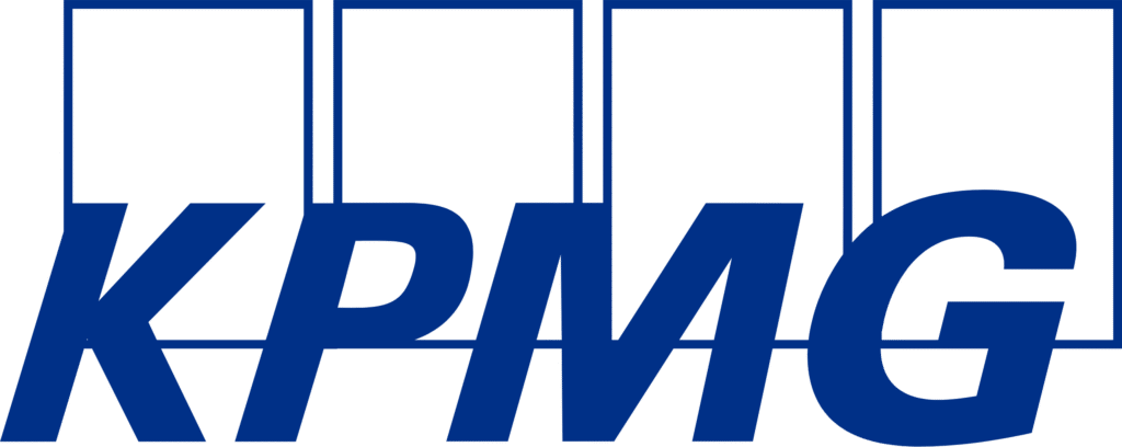 The KPMG logo features the company name in bold blue letters with four blue outlined rectangles above the letters.